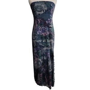Urban Outfitters Maxi Dress Strapless Y2K 2000s Floral‎ Text Print Slit L